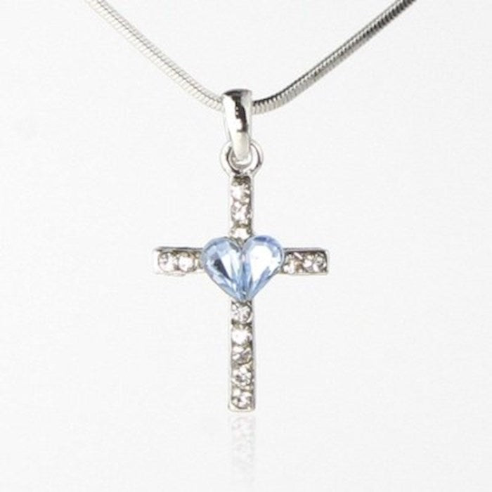 Necklace-Eden Merry-Cross Cross W/Blue Heart (18")