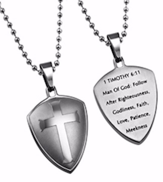Necklace-Silver R2 Shield Cross-Man Of God (24" Ball Chain)