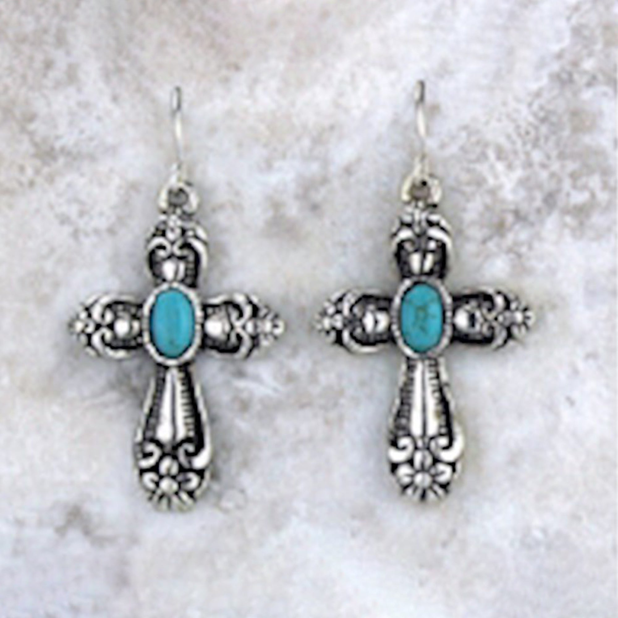 Earrings-Eden Merry-Turquoise Stone Cross/Silvertone
