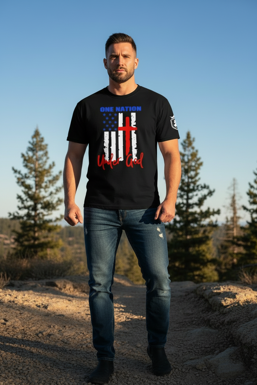 Man wearing One Nation Under God patriotic faith t-shirt