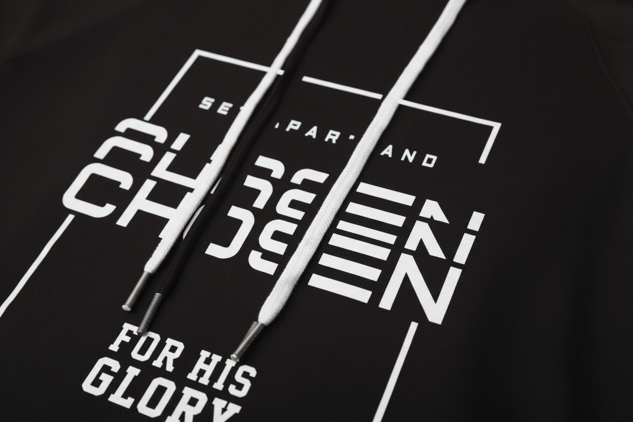 Close-up detail of Set Apart and Chosen for His Glory design on black hoodie