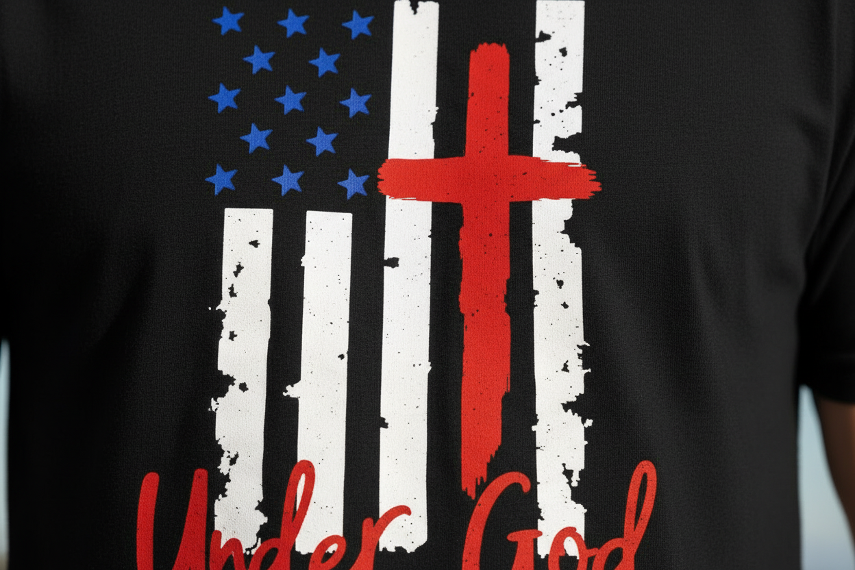 Close-up detail of One Nation Under God flag design with cross on black men's t-shirt